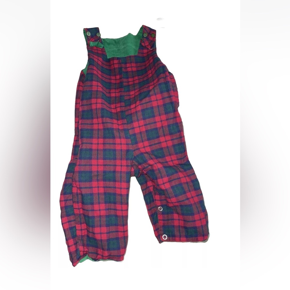 9-12 months reversible longall Kelly green cord & navy, green and red plaid.